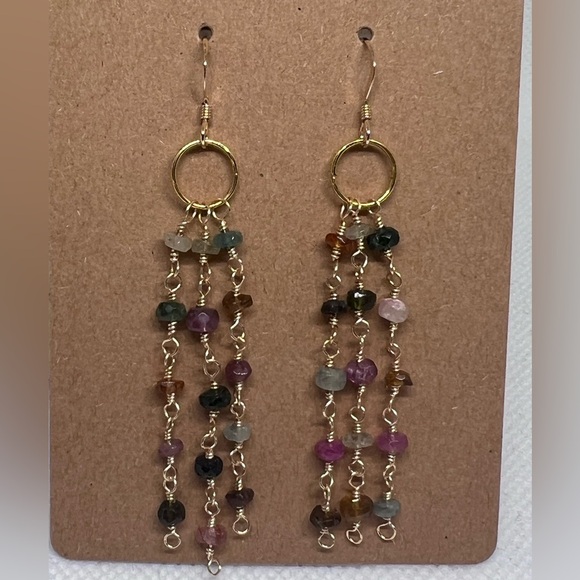 HANDMADE Rainbow Tourmaline Dangle Earrings on 14k GF ear wires. - Picture 3 of 7